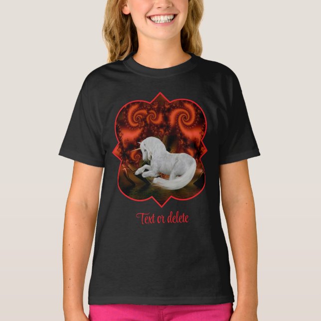 Camiseta White Unicorn Red Fractal Fantasy Horse Art (Frente)