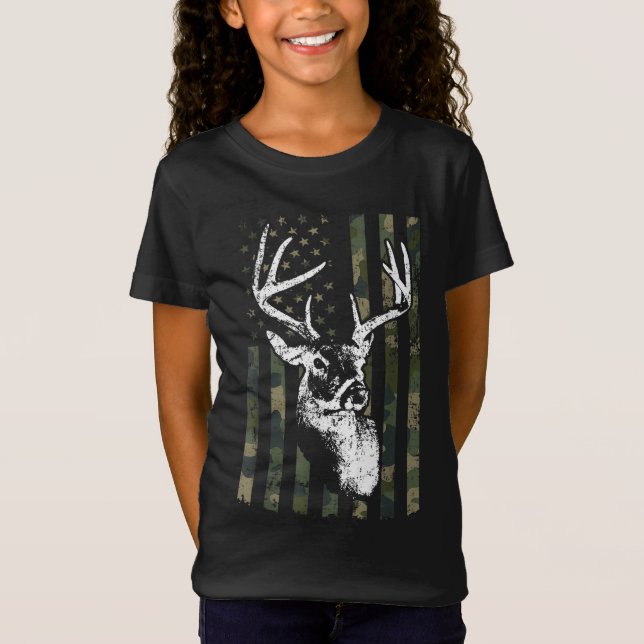 Camiseta Whitetail Buck Deer Hunting EUA Camouflage América (Frente)