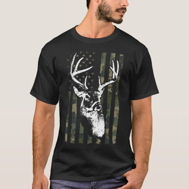 Camiseta Whitetail Buck Deer Hunting Eua Camouflage América (Frente)