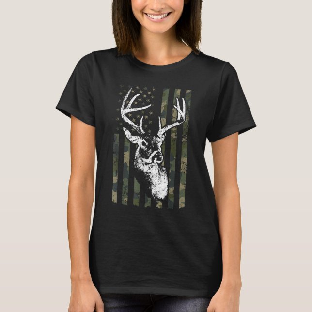 Camiseta Whitetail Buck Deer Hunting EUA Camouflage América (Frente)