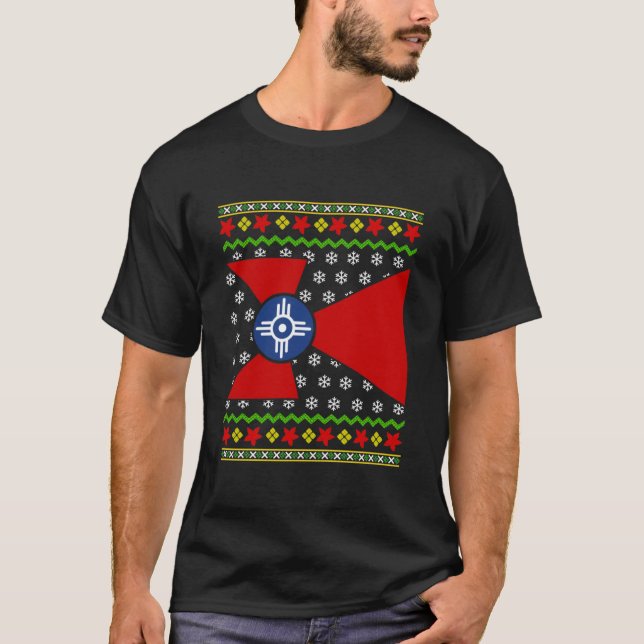 Camiseta Wichita Kansas Flag Christmas Ugly Essential (Frente)