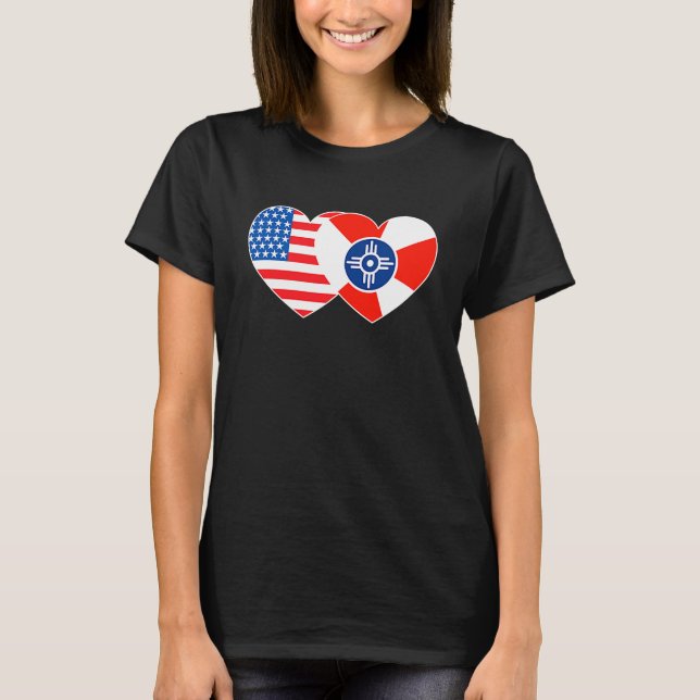Camiseta Wichita & USA Flag Twin Heart para Kansas American (Frente)