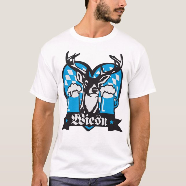 Camiseta Wiesn cervo em azul sabido as Pirsch coração (Frente)