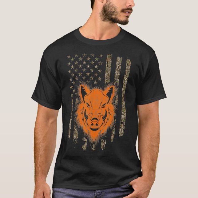 Camiseta Wild Boar Hunter Hog Hunter Flag Americano (Frente)