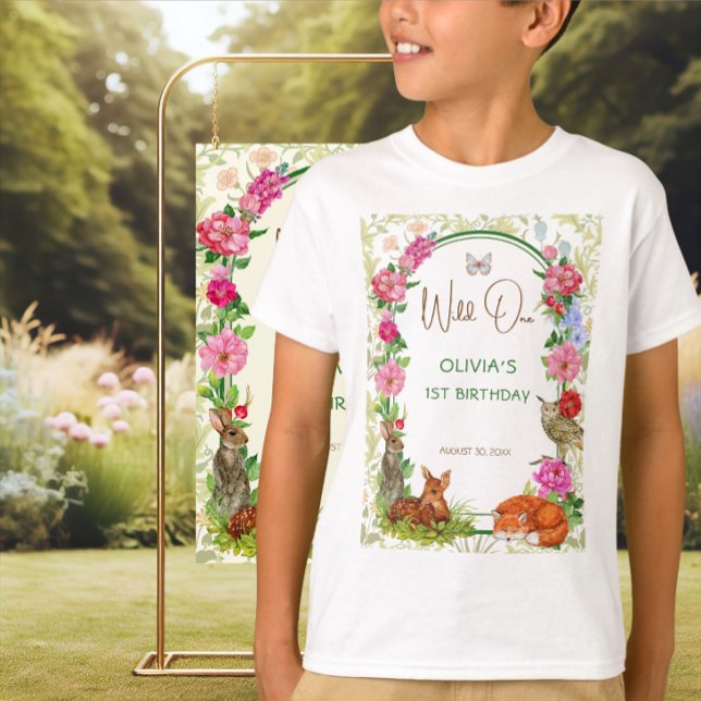 Camiseta Wild One Floral Forest Friends Birthday (Criador carregado)