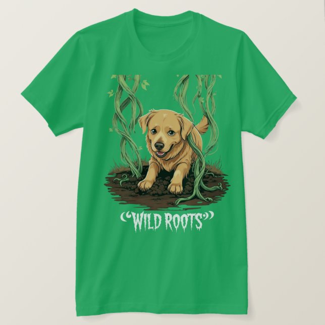 Camiseta Wild Roots – Spooky Golden Retriever Garden Design (Frente do Design)
