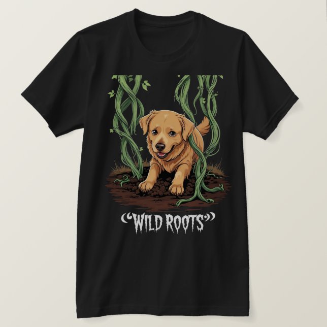 Camiseta Wild Roots – Spooky Golden Retriever Garden Design (Frente do Design)