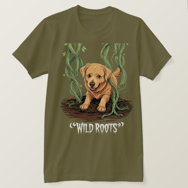 Camiseta Wild Roots – Spooky Golden Retriever Garden Design (Frente do Design)