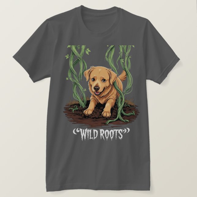 Camiseta Wild Roots – Spooky Golden Retriever Garden Design (Frente do Design)