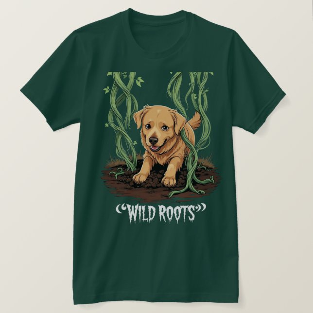 Camiseta Wild Roots – Spooky Golden Retriever Garden Design (Frente do Design)