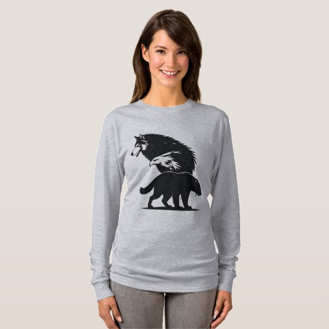 Camiseta Wild Trio: Wolf, Eagle, and Bear Silhouette (Frente Completa)