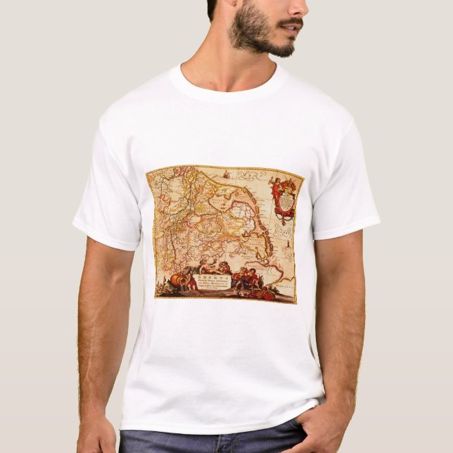 Camiseta Willem Janszoon Blaeu Antiga Coleção de Mapa Alemã (Frente)