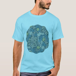 Camiseta William Morris, padrão art nouveau, algas, azul,