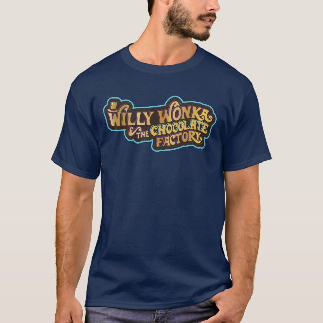 Camiseta Willy Wonka e o logotipo da fábrica de chocolate (Frente)