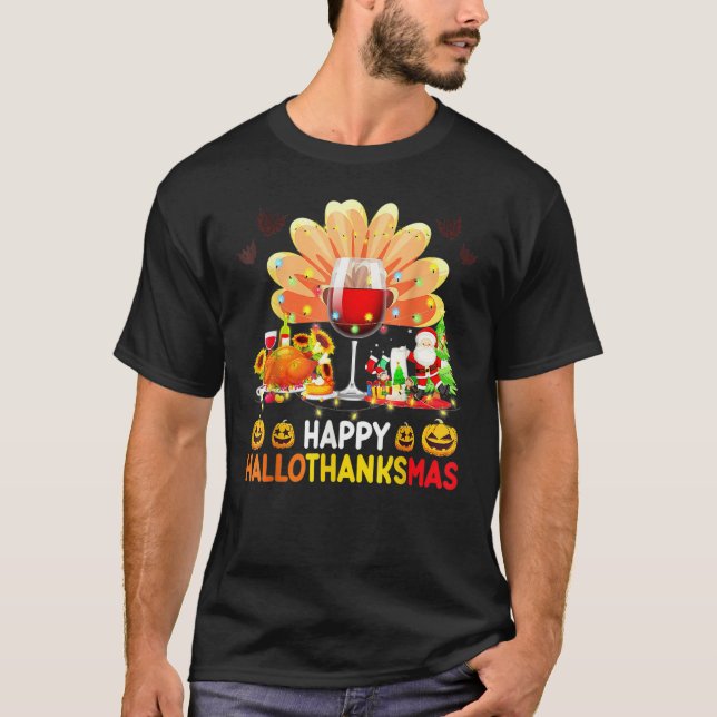 Camiseta Wine Glass Thankgiving  Happy Hallothanksmas Costu (Frente)