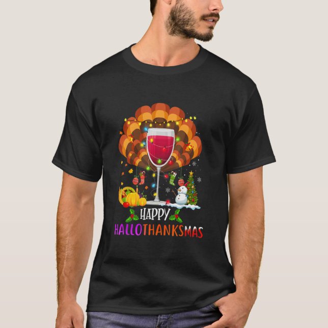 Camiseta Wine Glass Thankgiving   Wine Happy Hallothanksmas (Frente)