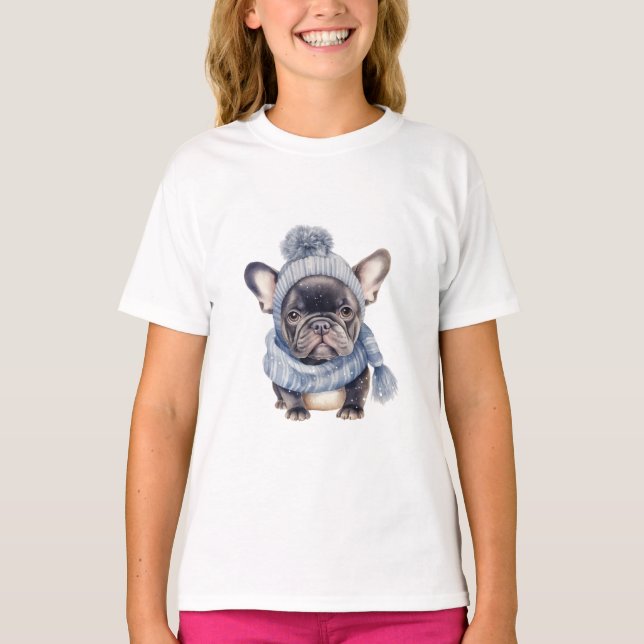 Camiseta Winter Bulldog Baby in Blue Cap and Scarf  (Frente)