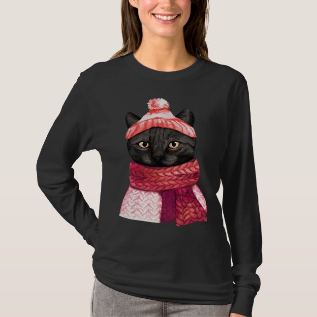 Camiseta Winter Hat And Shawl Black Cat For Kitten (Frente)