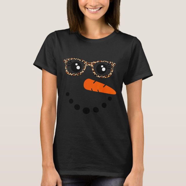 Camiseta Winter Snowman Face Leopard Eyelashes Christmas Gi (Frente)