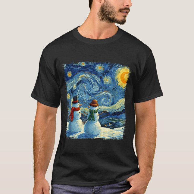 Camiseta Winter Snowman Van Gogh Starry Night Christmas  (Frente)