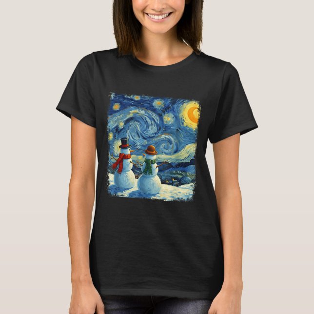 Camiseta Winter Snowman Van Gogh Starry Night Christmas  (Frente)