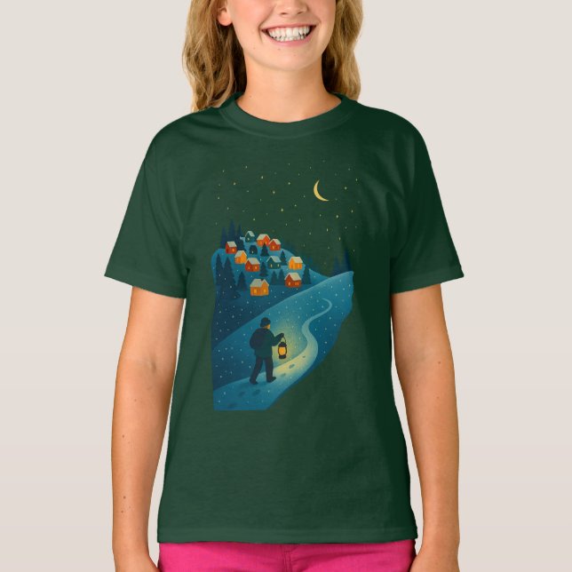 Camiseta Winter Village Lantern Walk Night Scene Girls' T-S (Frente)