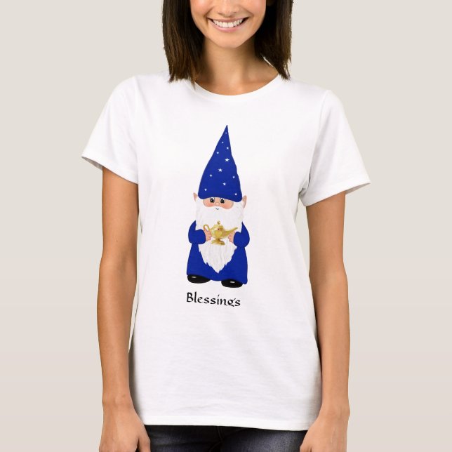 Camiseta Wise Gnome vestido de azul com lâmpada (Frente)