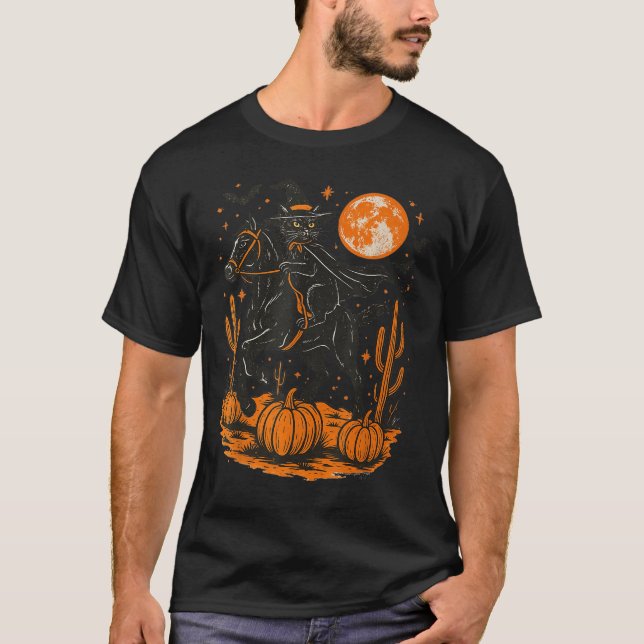 Camiseta Witch Black Cat Riding Horse Halloween Pumpkin Moo (Frente)