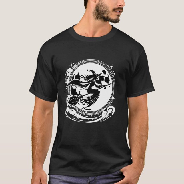 Camiseta Witch On Broom With Full Moon Funny Design for Hal (Frente)
