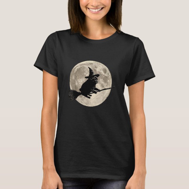 Camiseta Witch Pug Flying Broom Full Moon Halloween Night (Frente)