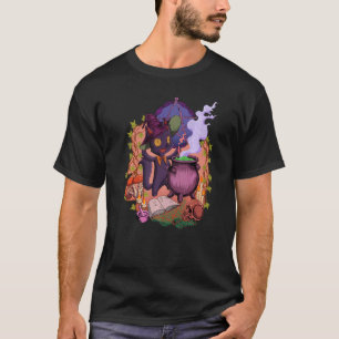 Camiseta Witchcore junto ao caldeirão está o gato bruxo