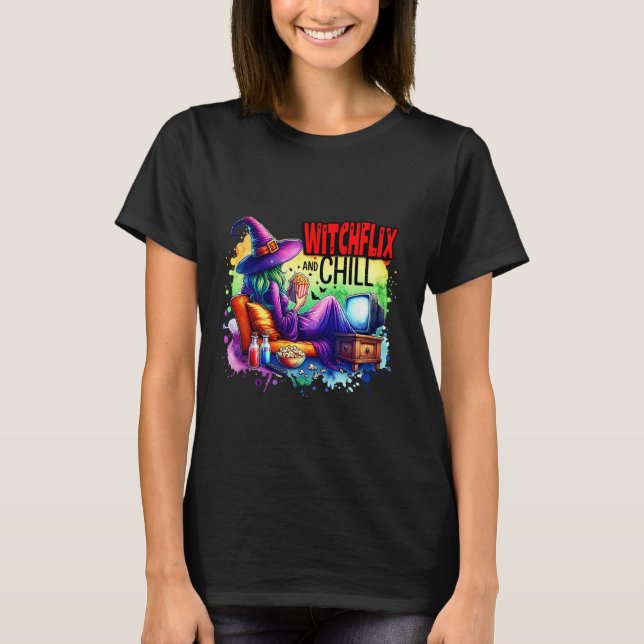 Camiseta Witchflix and Chill – Fun Witch Design for Hallow (Frente)