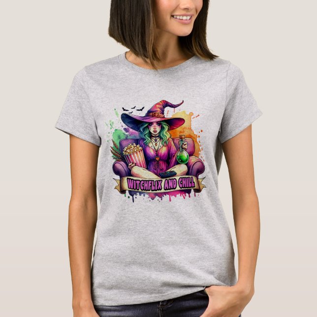 Camiseta "Witchflix and Chill – Fun Witch Design for Hallow (Frente)