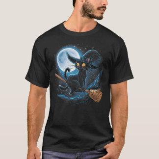 Camiseta Witchy Black Cat on a Broomstick with Full Moon Ha