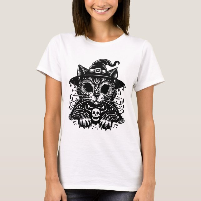 Camiseta Witchy Cat Creepy Halloween (Frente)