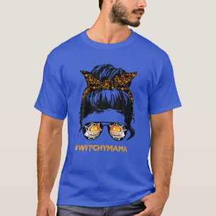Camiseta Witchy Mama Messy Bun Skeleton Mão Pumpkin Hallow