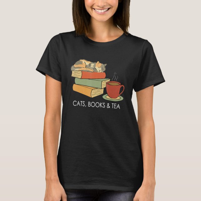 Camiseta With Cats Books And Tea   Reading (Frente)