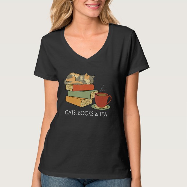 Camiseta With Cats Books And Tea   Reading (Frente)