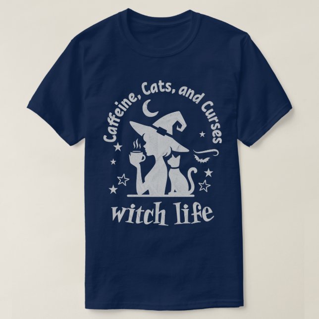 Camiseta Witness Life Caffeine Cats and Curses (Frente do Design)