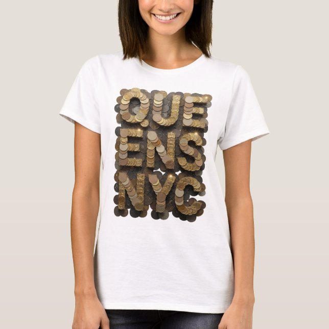 Camiseta Witty Gold QUEENS NYC Design Gráfico (Frente)