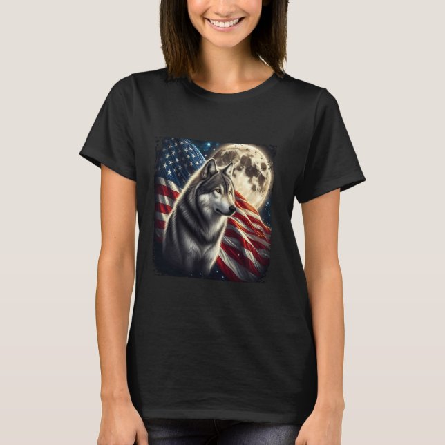 Camiseta Wolf 4 de julho American Flag Alpha Wolf Sob Mo (Frente)