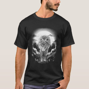 Camiseta Wolf Animal na Paisagem da Noite da Lua na Florest