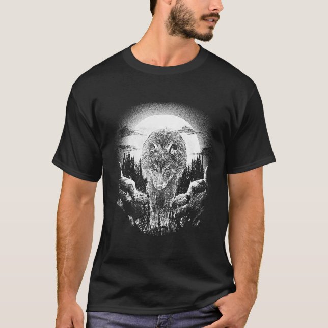 Camiseta Wolf Animal na Paisagem da Noite da Lua na Florest (Frente)