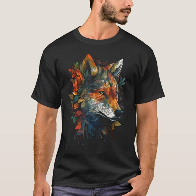 Camiseta Wolf autumn leaves animal motif artwork  animal wo (Frente)