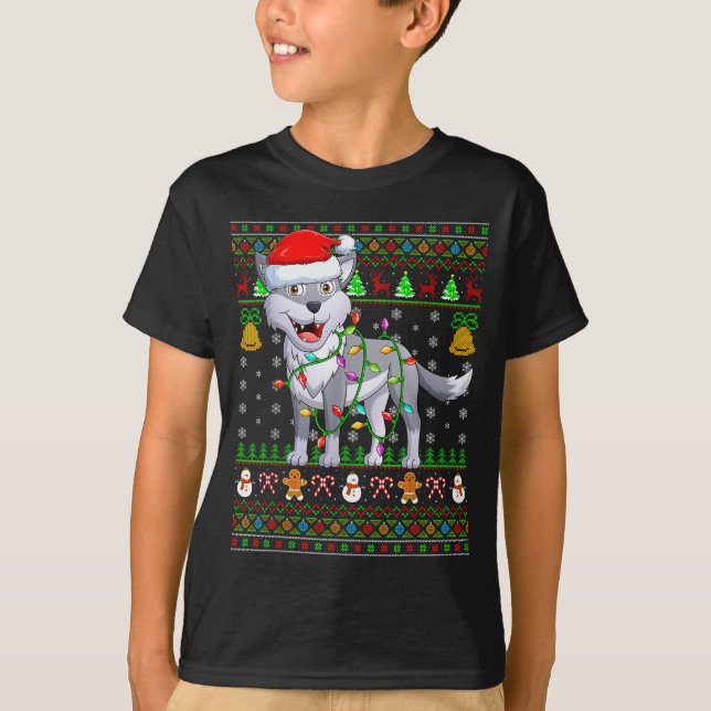 Camiseta Wolf Christmas Lights Funny Santa Ugly Sweaters Cu (Frente)