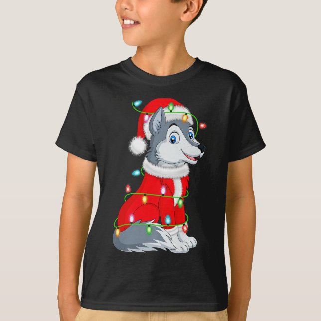 Camiseta Wolf Christmas Lights Santa Costume Cute Animal Xm (Frente)