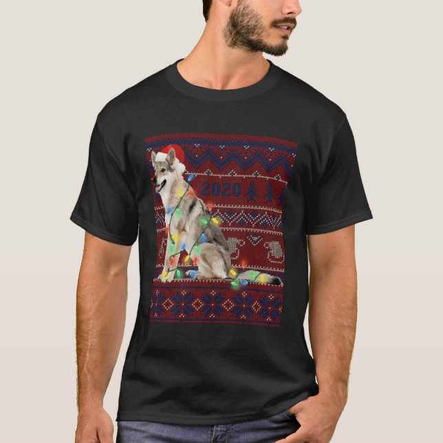 Camiseta Wolf Christmas Lights Ugly Sweater Goat Lover Gift (Frente)
