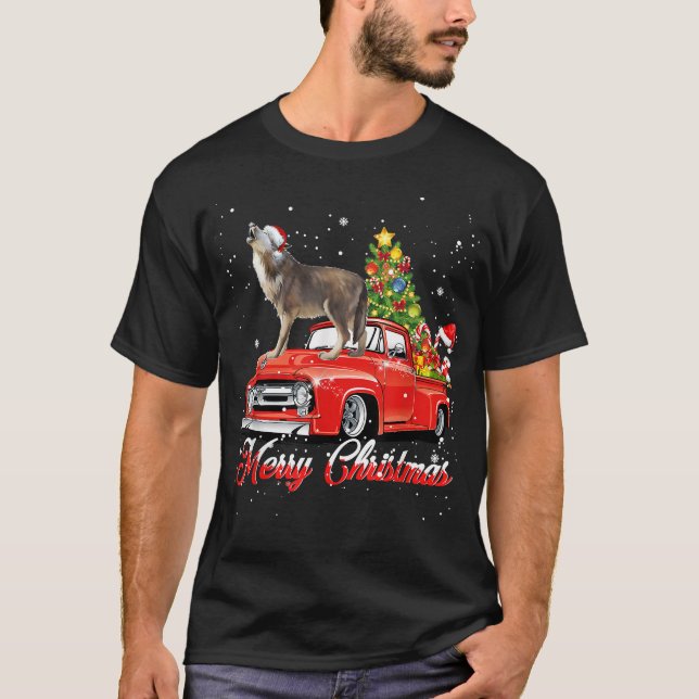 Camiseta Wolf Christmas Tshirt Wolf Dog Riding Red Truck Ch (Frente)