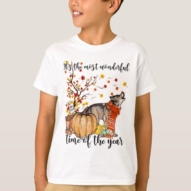 Camiseta Wolf Dog Fall Pumpkins Autumn Leaf Tree (Frente)
