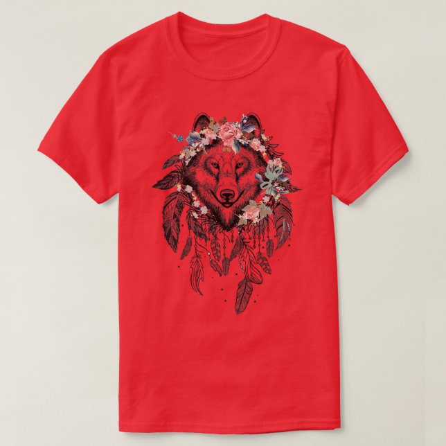 Camiseta Wolf Dreamcatcher com flor (Frente do Design)